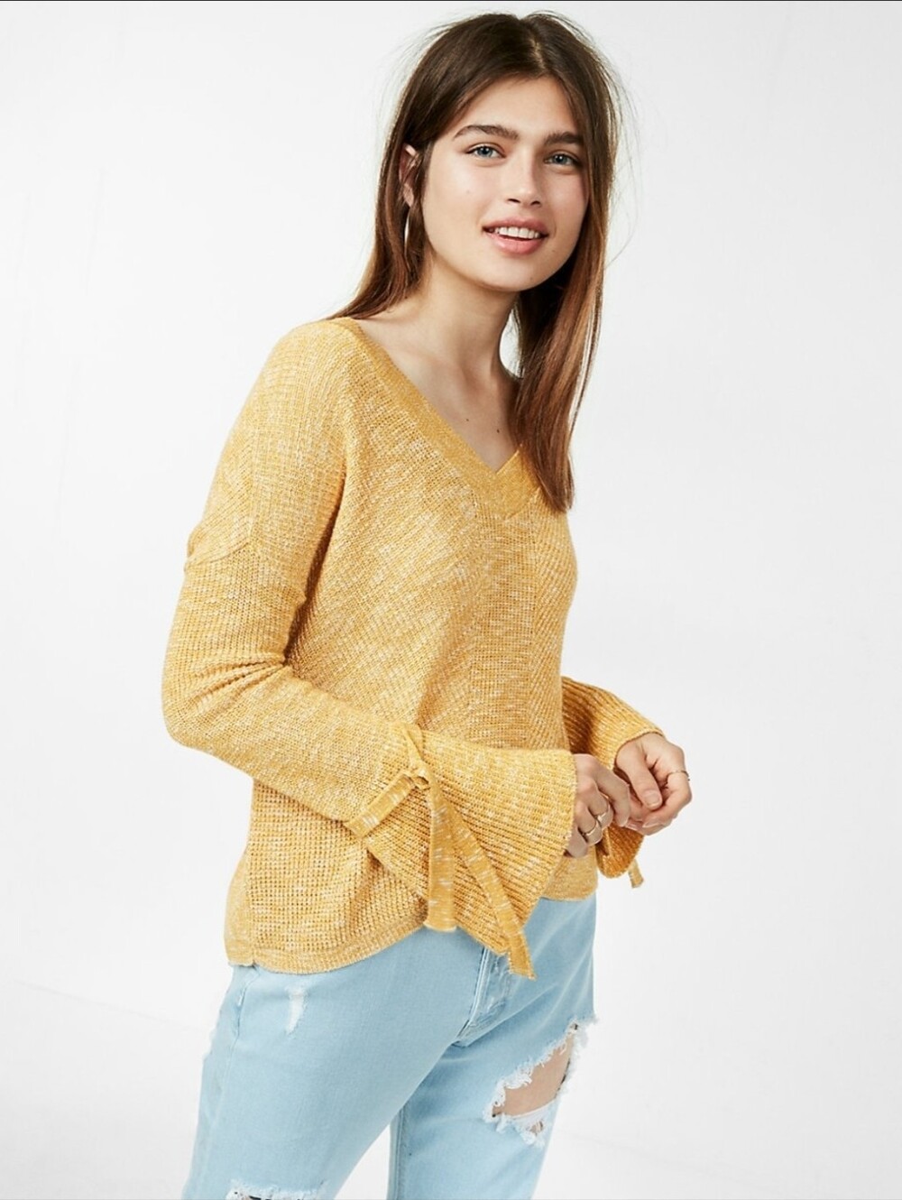 Express Yellow V Neck Trumpet Sleeve Tie Cut Back Sweater Size S